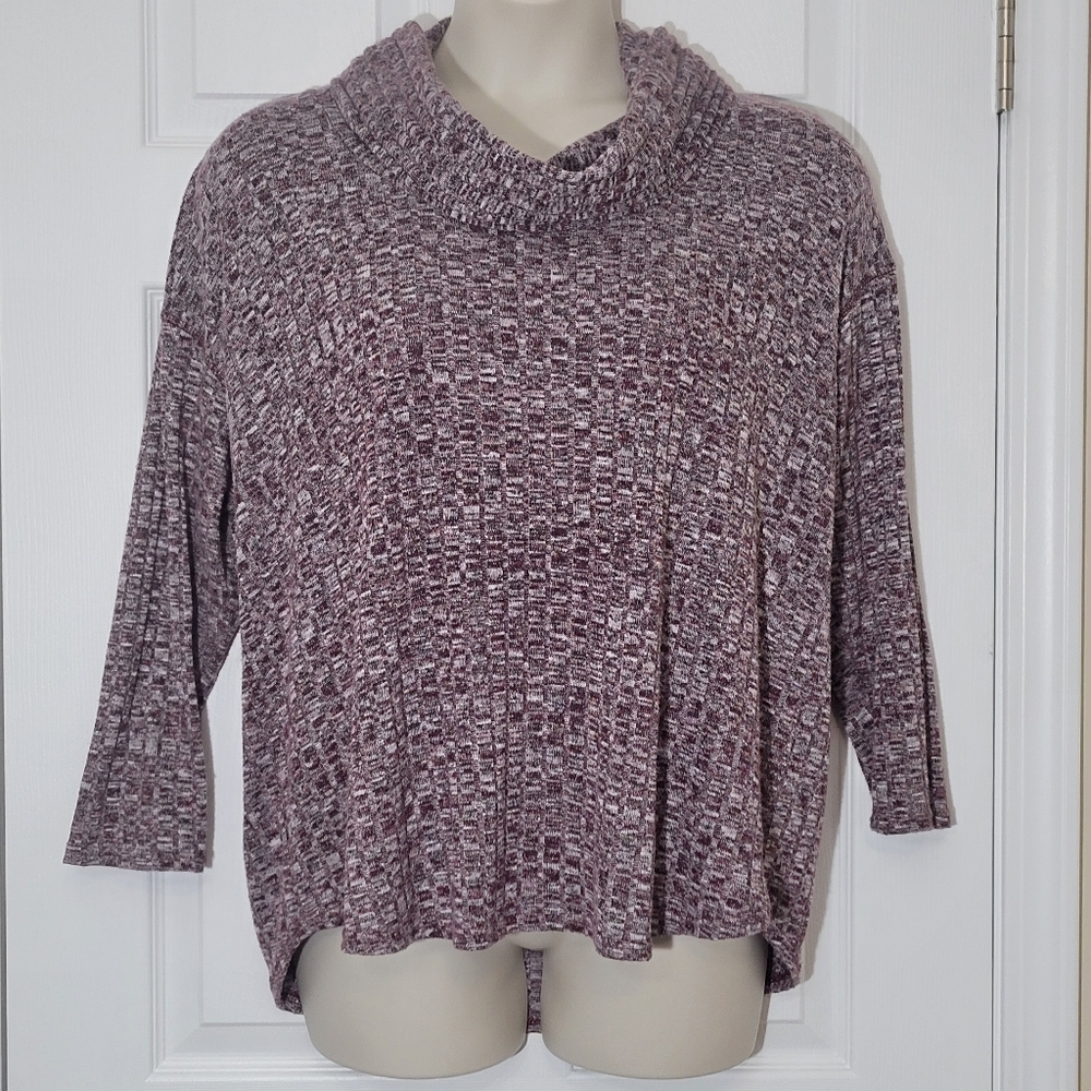 DB Sunday Maroon & White Marled Ribbed Knit Oversized Cowl Neck Sweater Plus 1x